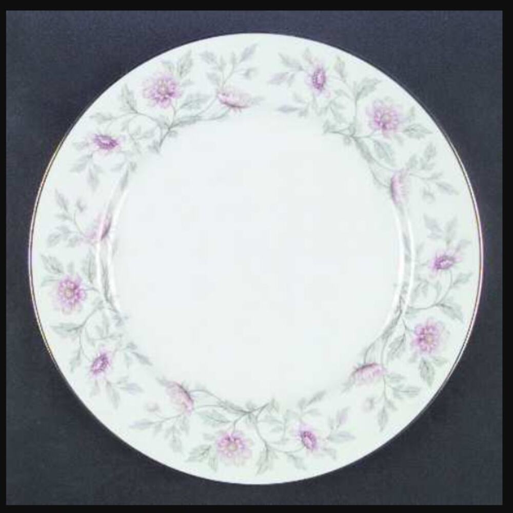 Dinner Plate SHALIMAR by Valmont Pink Flower gray leaves gold band 10 1/4"